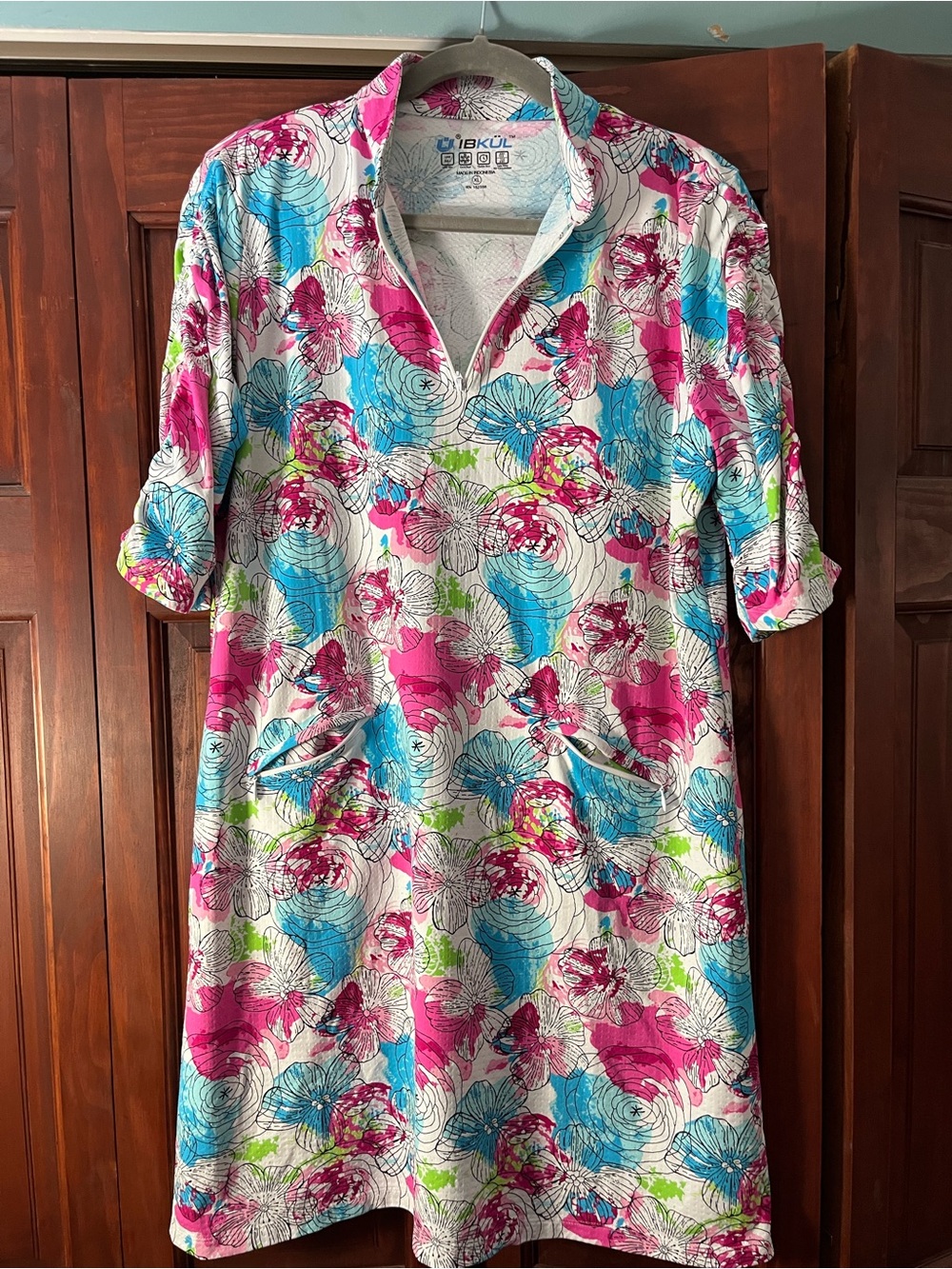IBKUL Women's Floral Print Short Sleeve Polo Dress - White with Pink & Blue